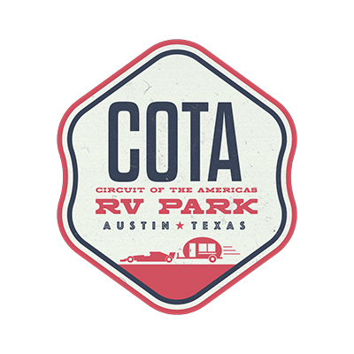 Hexagonal badge logo with "COTA RV Park, Circuit of The Americas, Austin, Texas" and icons of a racecar and an RV trailer.