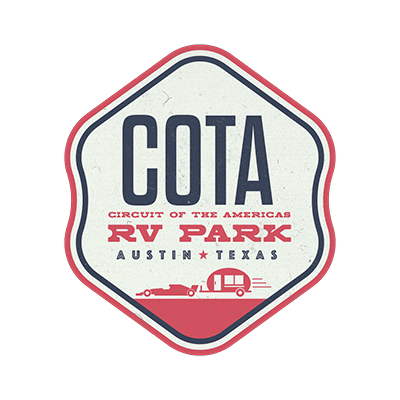 Logo for COTA RV Park, featuring the text "COTA Circuit of The Americas RV Park Austin Texas" with an illustration of a race car and RV trailer at the bottom.