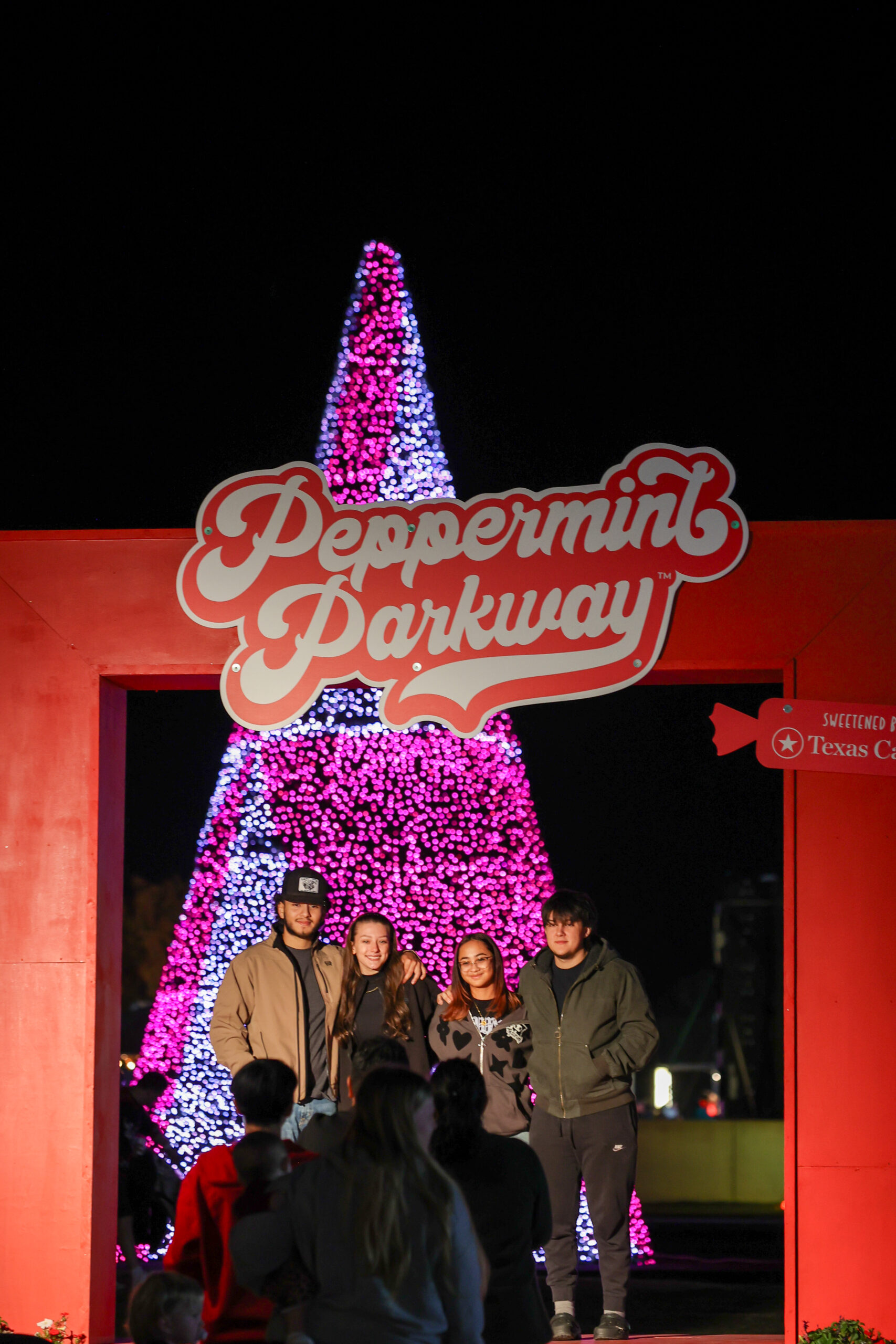 Four people pose under a "Peppermint Parkway" sign with a lit, cone-shaped holiday tree in the background at night.