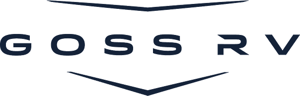 The image shows the text "GOSS RV" in bold, dark letters, with two angled lines above and below the text, forming a chevron-like design.