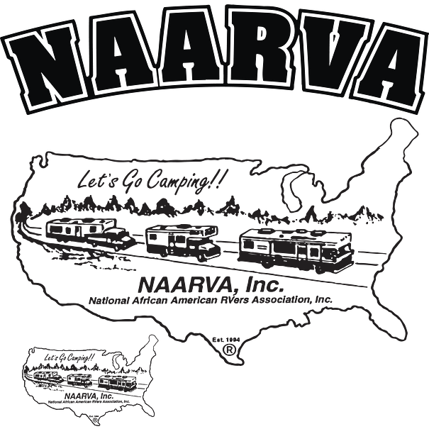 Logo of the National African American RVers Association, Inc. with RVs traveling across a map of the United States and the text "Let's Go Camping!!.