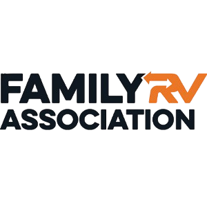 Logo for Family RV Association with bold black text; "RV" in orange features an arrow integrated into the lettering.