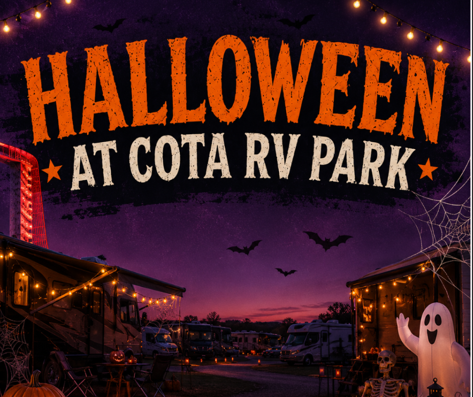 Halloween event at COTA RV Park; night scene with decorated RVs, string lights, bats, skeletons, cobwebs, and a cartoon ghost.